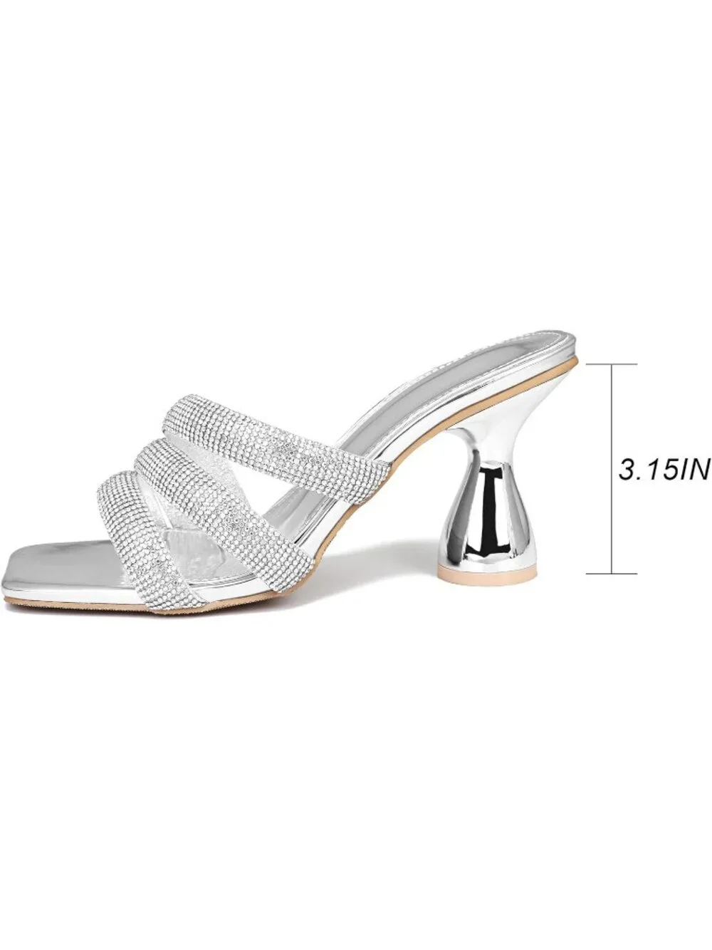 Women's Silver Rhinestone Square Toe Backless 3.15 IN Chunky High Heel Sandals